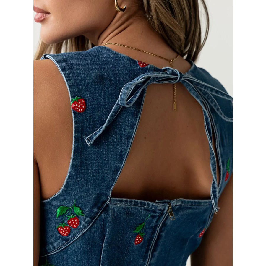 Strawberry Embroidered Sleeveless Denim Dress Apparel and Accessories
