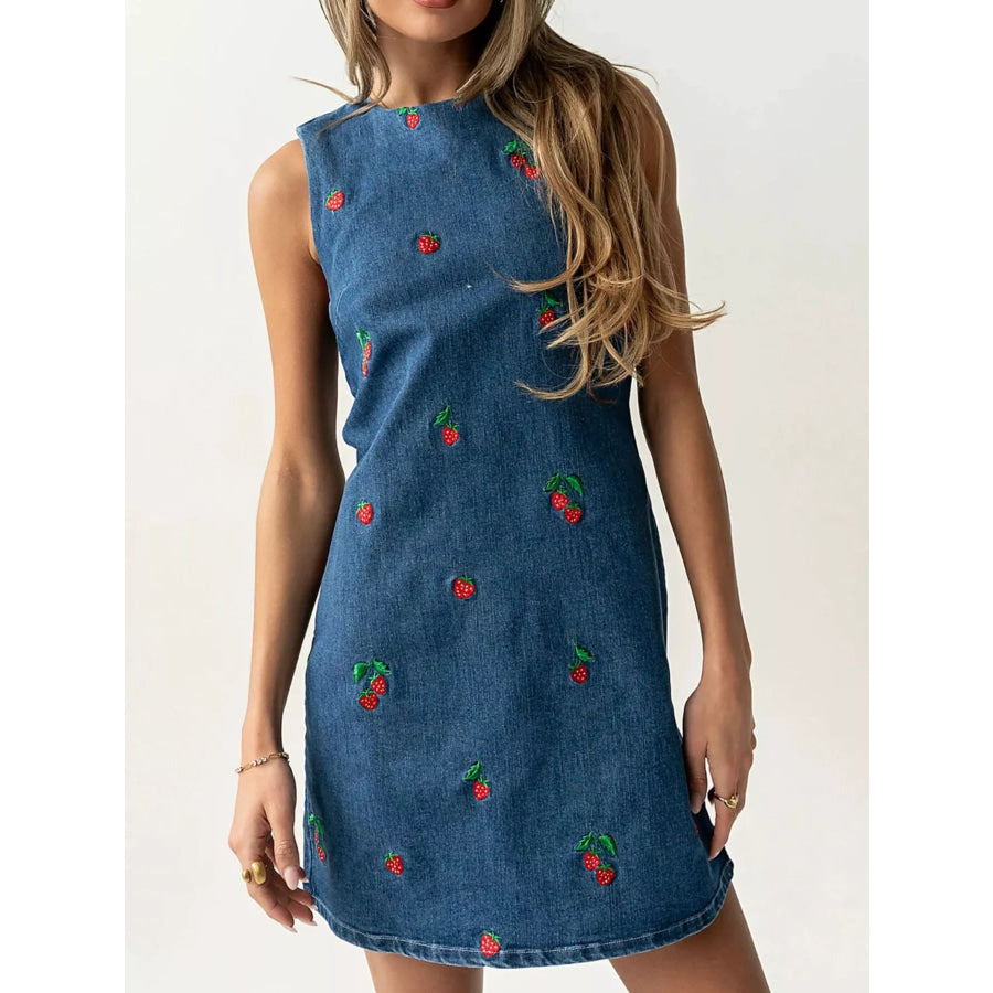 Strawberry Embroidered Sleeveless Denim Dress Blue / S Apparel and Accessories