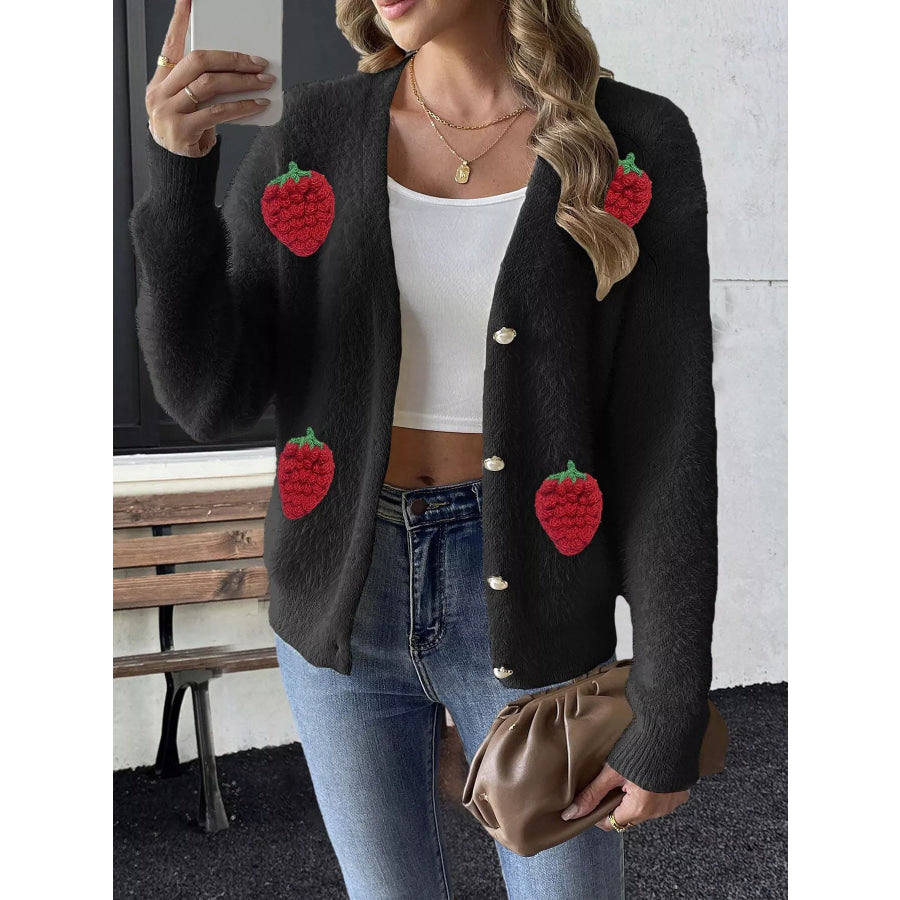 Strawberry Fuzzy Knit Cardigan Black / S Apparel and Accessories