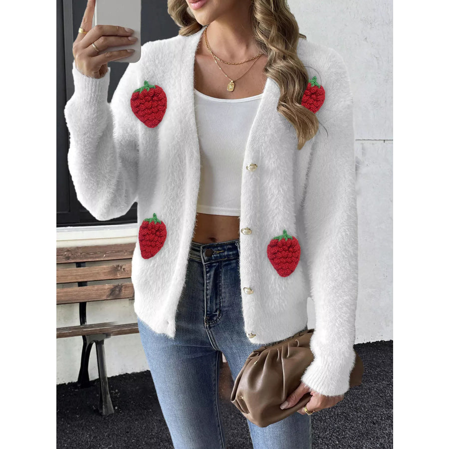 Strawberry Fuzzy Knit Cardigan White / S Apparel and Accessories