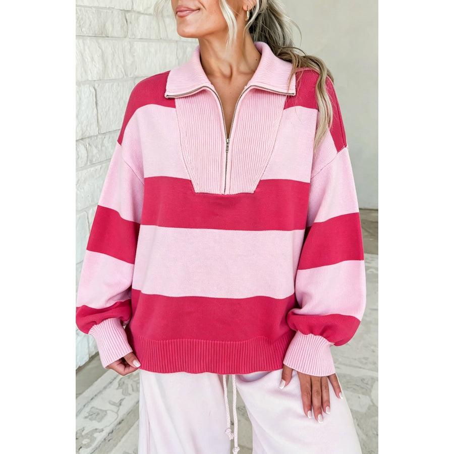 Strawberry Pink Casual Striped Color Block Zip Collar Pullover Sweater / S Sweaters & Cardigans/Sweaters