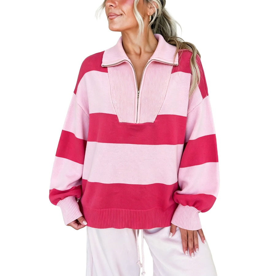 Strawberry Pink Casual Striped Color Block Zip Collar Pullover Sweater Sweaters & Cardigans/Sweaters
