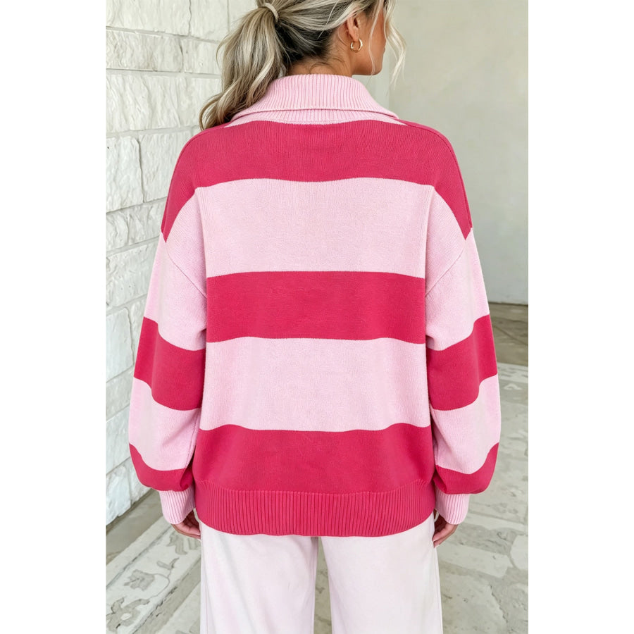 Strawberry Pink Casual Striped Color Block Zip Collar Pullover Sweater / S Sweaters & Cardigans/Sweaters