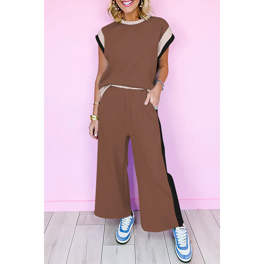 Strawberry Pink Color Block Detail Casual Two-piece Set Chestnut / S / 95% Polyester + 5% Elastane Two Piece Sets/Pant Sets