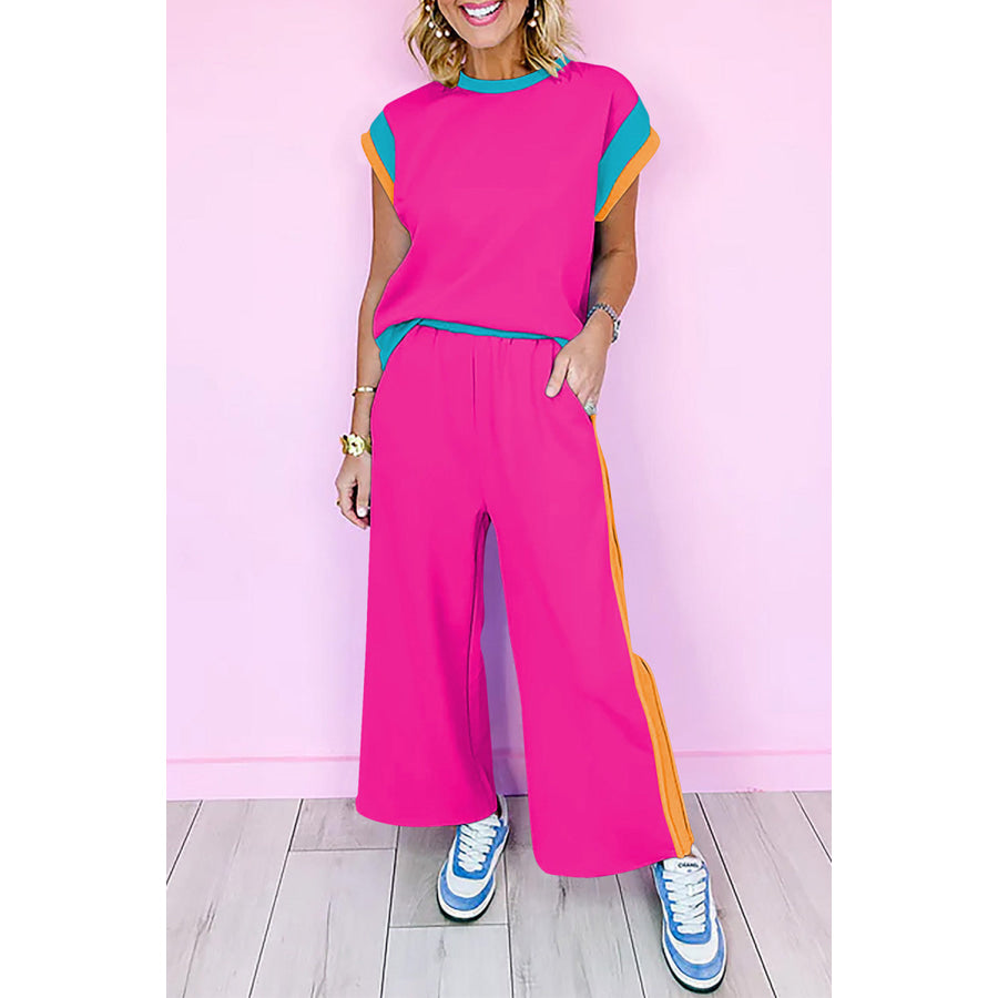 Strawberry Pink Color Block Detail Casual Two-piece Set Strawberry Pink / S / 95% Polyester + 5% Elastane Two Piece Sets/Pant Sets