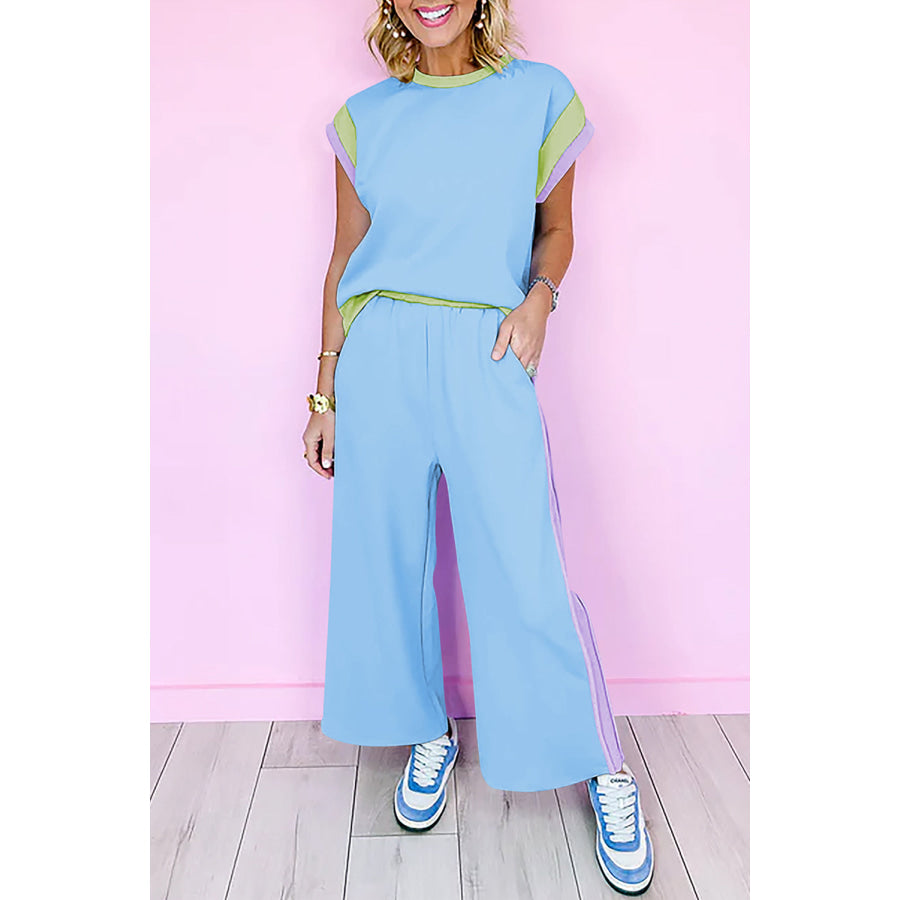 Strawberry Pink Color Block Detail Casual Two-piece Set Sky Blue / S / 95% Polyester + 5% Elastane Two Piece Sets/Pant Sets