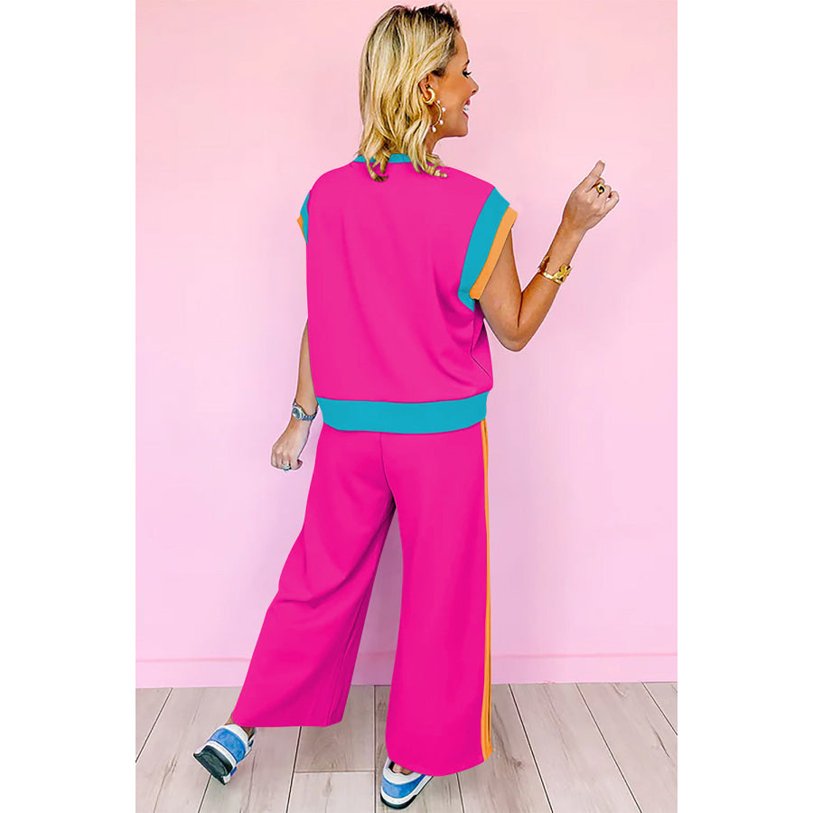 Strawberry Pink Color Block Detail Casual Two-piece Set Two Piece Sets/Pant Sets