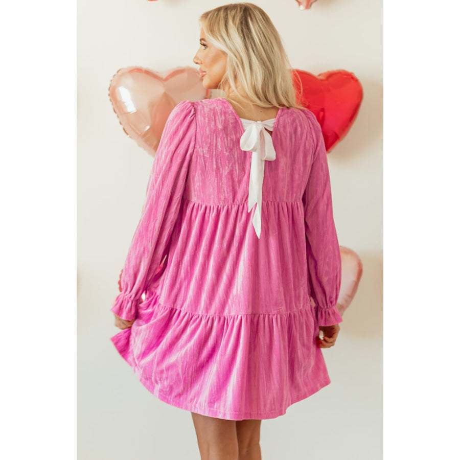 Strawberry Pink Flounce Sleeve Tiered Ruffled Velvet Mini Dress Strawberry Pink / S / 95% Polyester + 5% Elastane Dresses/Mini Dresses