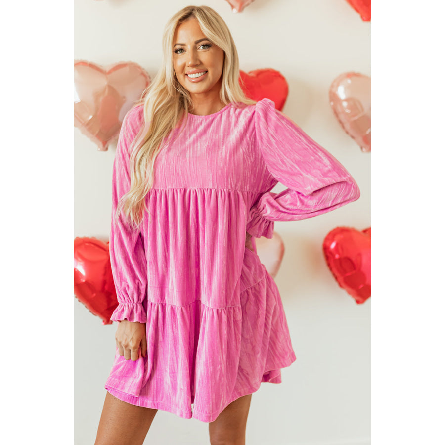 Strawberry Pink Flounce Sleeve Tiered Ruffled Velvet Mini Dress Strawberry Pink / S / 95% Polyester + 5% Elastane Dresses/Mini Dresses