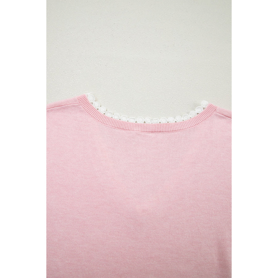 Strawberry Pink Lacy V Neckline Short Sleeve Sweater Sweaters & Cardigans/Short Sleeve Sweaters