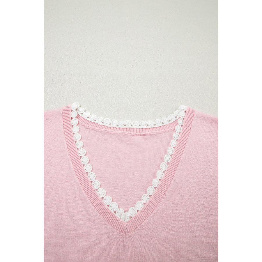 Strawberry Pink Lacy V Neckline Short Sleeve Sweater Sweaters & Cardigans/Short Sleeve Sweaters
