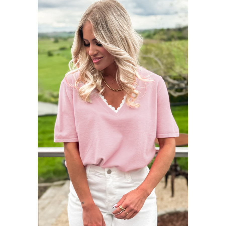 Strawberry Pink Lacy V Neckline Short Sleeve Sweater Sweaters & Cardigans/Short Sleeve Sweaters