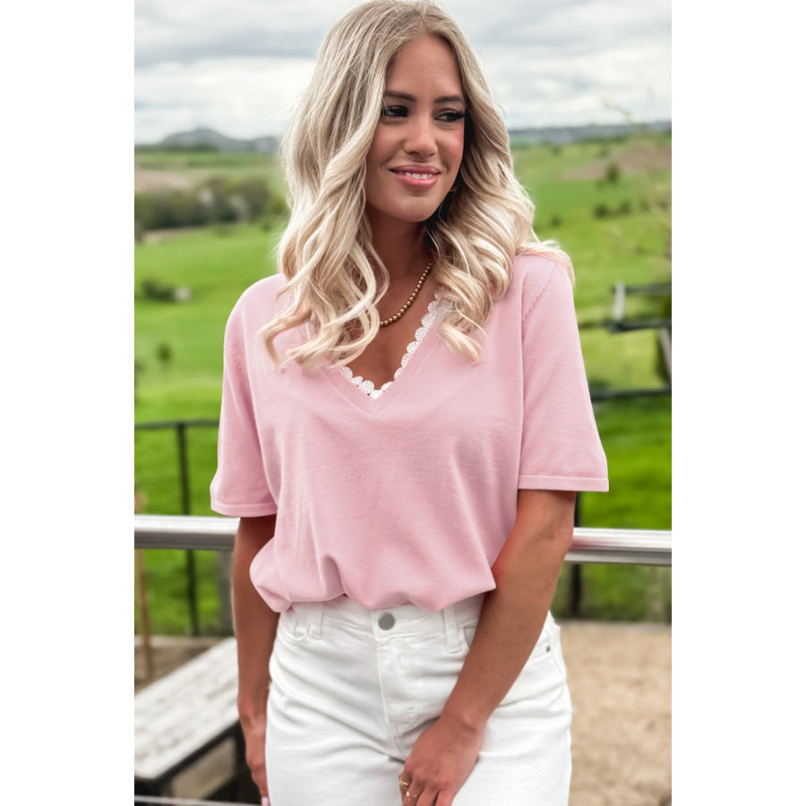 Strawberry Pink Lacy V Neckline Short Sleeve Sweater Sweaters & Cardigans/Short Sleeve Sweaters