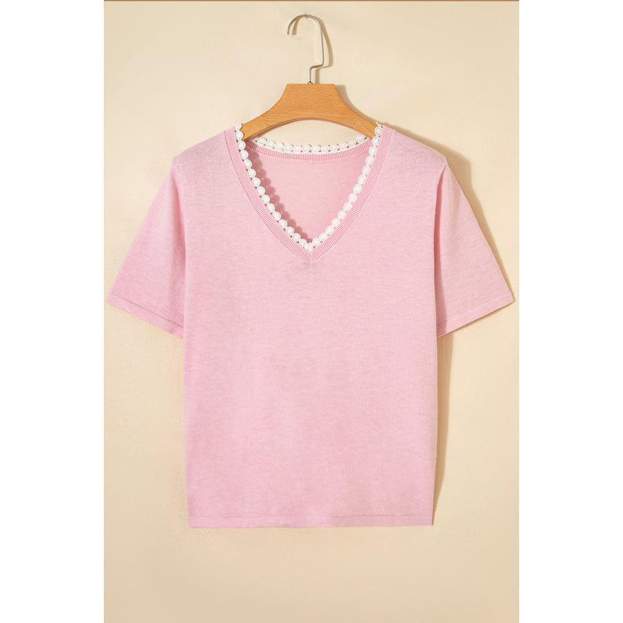Strawberry Pink Lacy V Neckline Short Sleeve Sweater Sweaters & Cardigans/Short Sleeve Sweaters