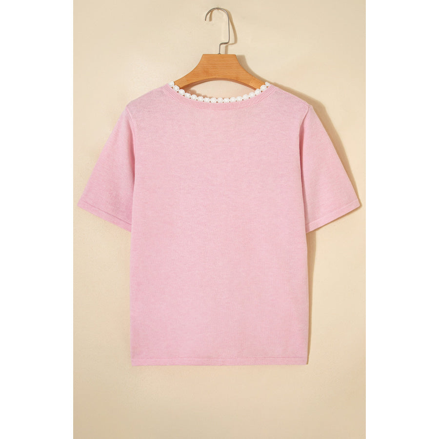 Strawberry Pink Lacy V Neckline Short Sleeve Sweater Sweaters & Cardigans/Short Sleeve Sweaters