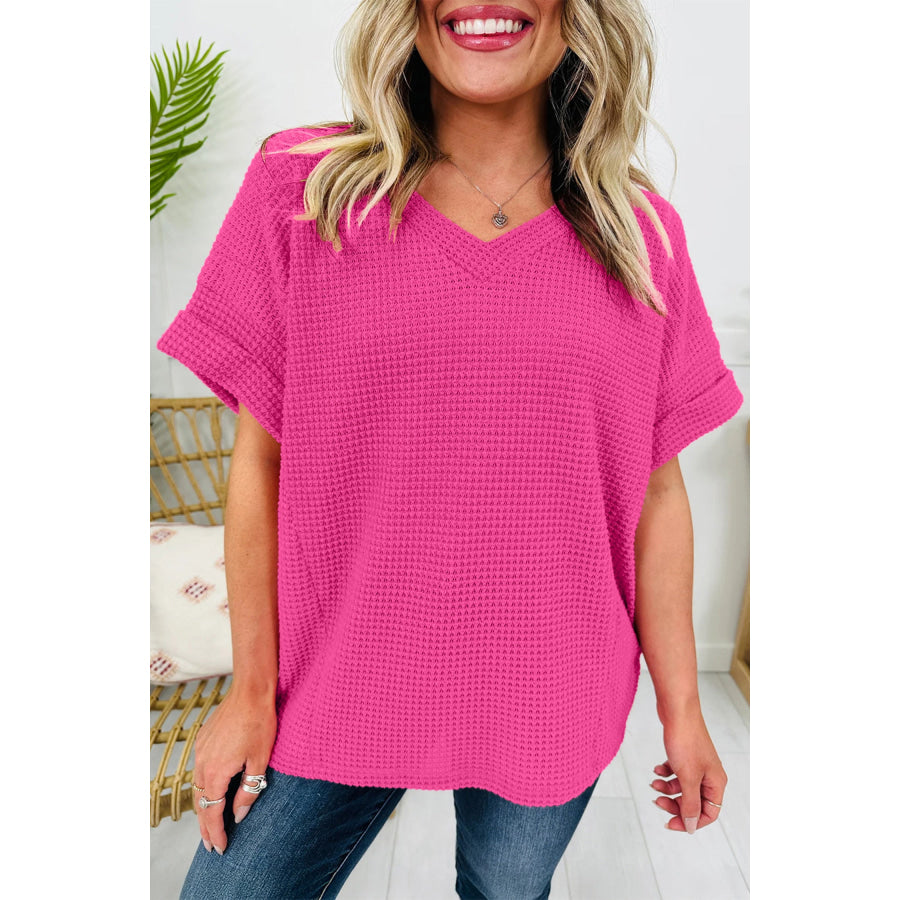 Strawberry Pink Waffle V Neck Short Sleeve Knit Top Strawberry Pink / S / 67% Polyester + 30% Viscose + 3% Elastane Tops/Tops & Tees