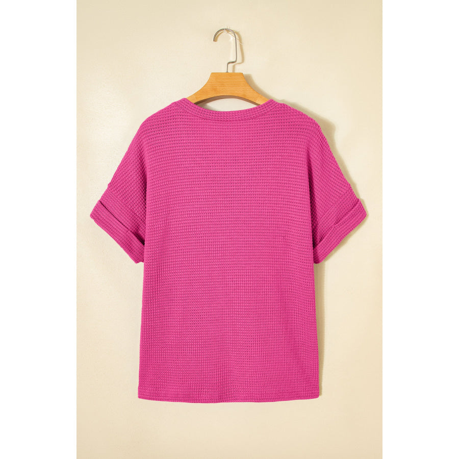 Strawberry Pink Waffle V Neck Short Sleeve Knit Top Tops/Tops & Tees