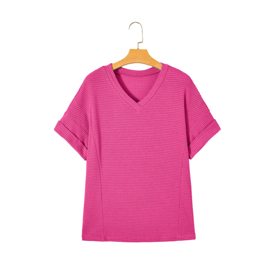 Strawberry Pink Waffle V Neck Short Sleeve Knit Top Tops/Tops & Tees
