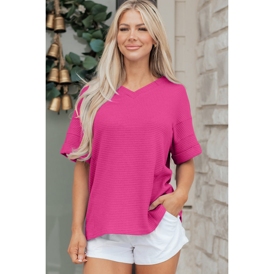 Strawberry Pink Waffle V Neck Short Sleeve Knit Top Tops/Tops & Tees