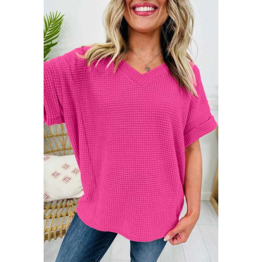 Strawberry Pink Waffle V Neck Short Sleeve Knit Top Tops/Tops & Tees