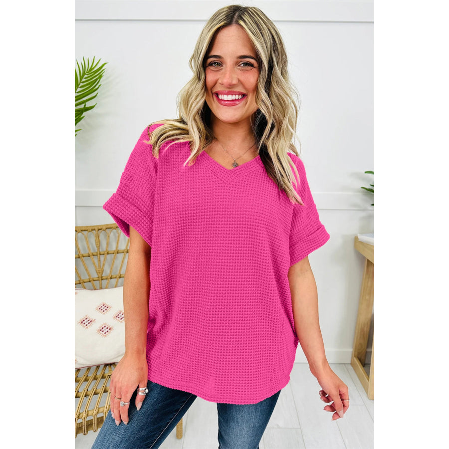 Strawberry Pink Waffle V Neck Short Sleeve Knit Top Tops/Tops & Tees