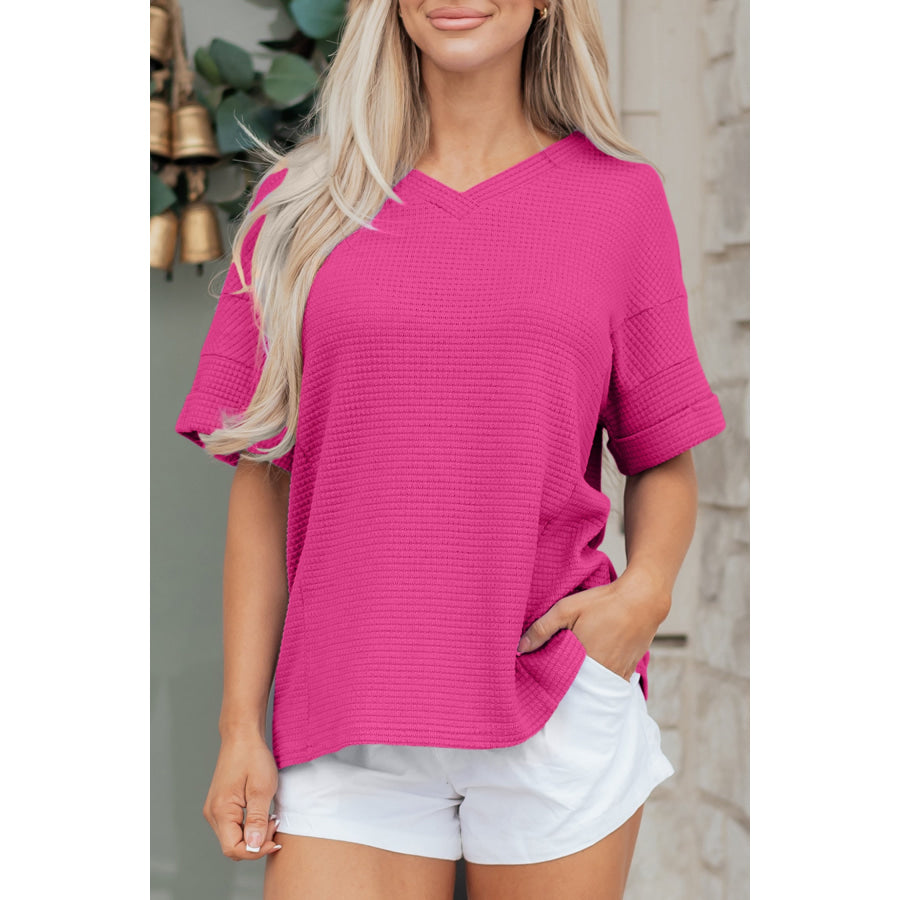 Strawberry Pink Waffle V Neck Short Sleeve Knit Top Tops/Tops & Tees