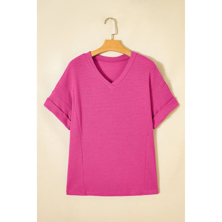 Strawberry Pink Waffle V Neck Short Sleeve Knit Top Tops/Tops & Tees