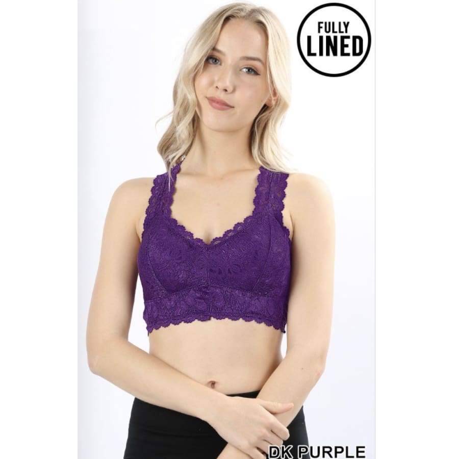 NEW COLOURS COMING SOON! Stretch Lace Hourglass Back Bralette With Full Mesh Lining L / Dark Purple Bra