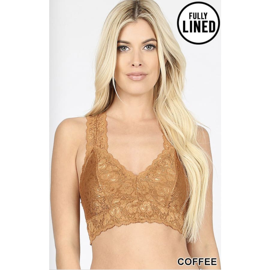 NEW COLOURS COMING SOON! Stretch Lace Hourglass Back Bralette With Full Mesh Lining XL / Coffee Bra