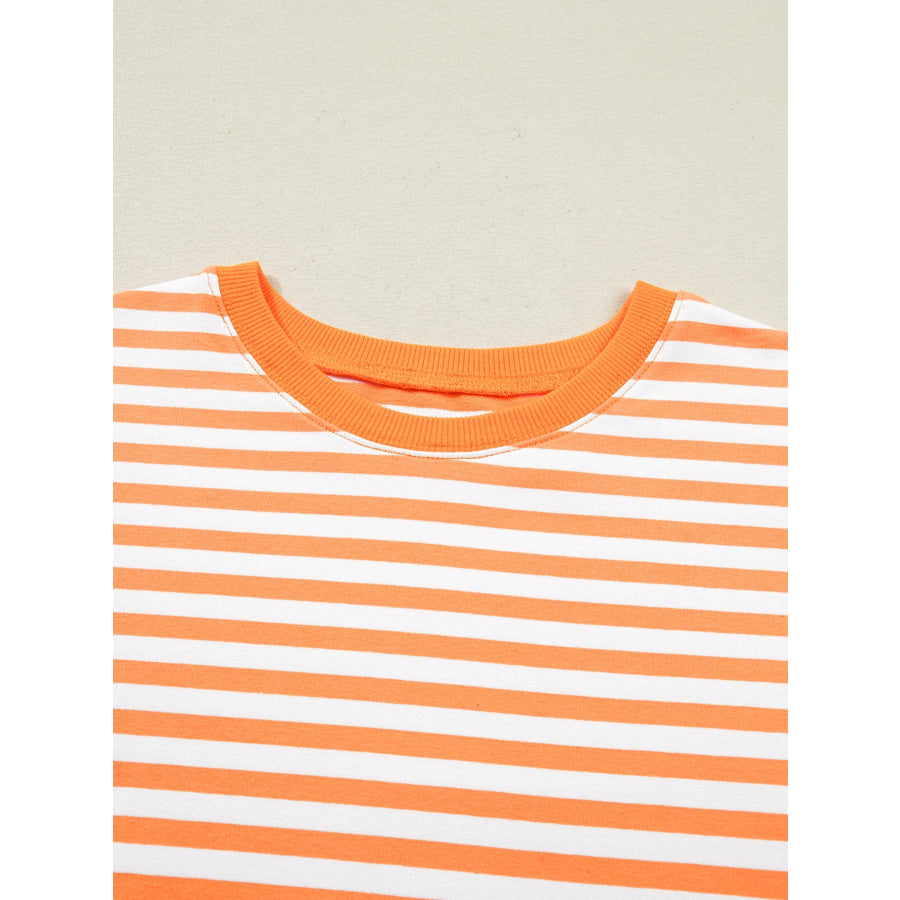 Stripe 3/4 Sleeve Exposed Seam Patchwork Pullover Top Apparel and Accessories