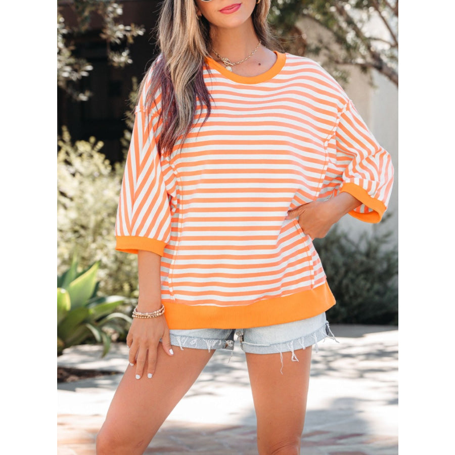 Stripe 3/4 Sleeve Exposed Seam Patchwork Pullover Top Apparel and Accessories