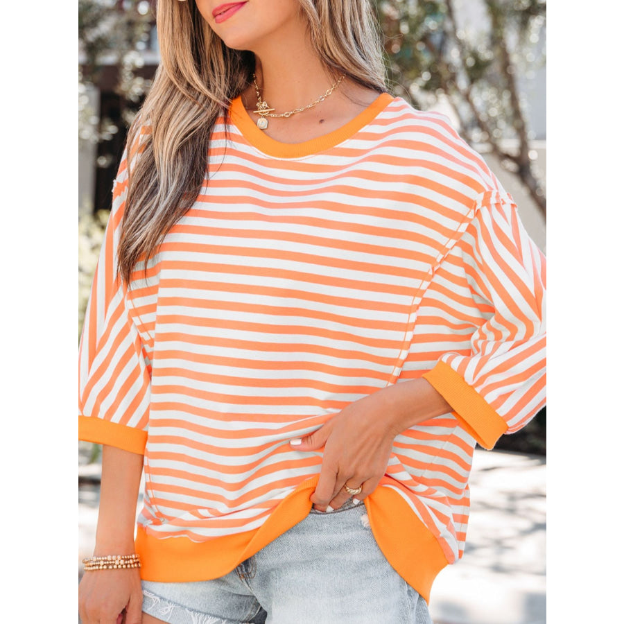 Stripe 3/4 Sleeve Exposed Seam Patchwork Pullover Top Apparel and Accessories