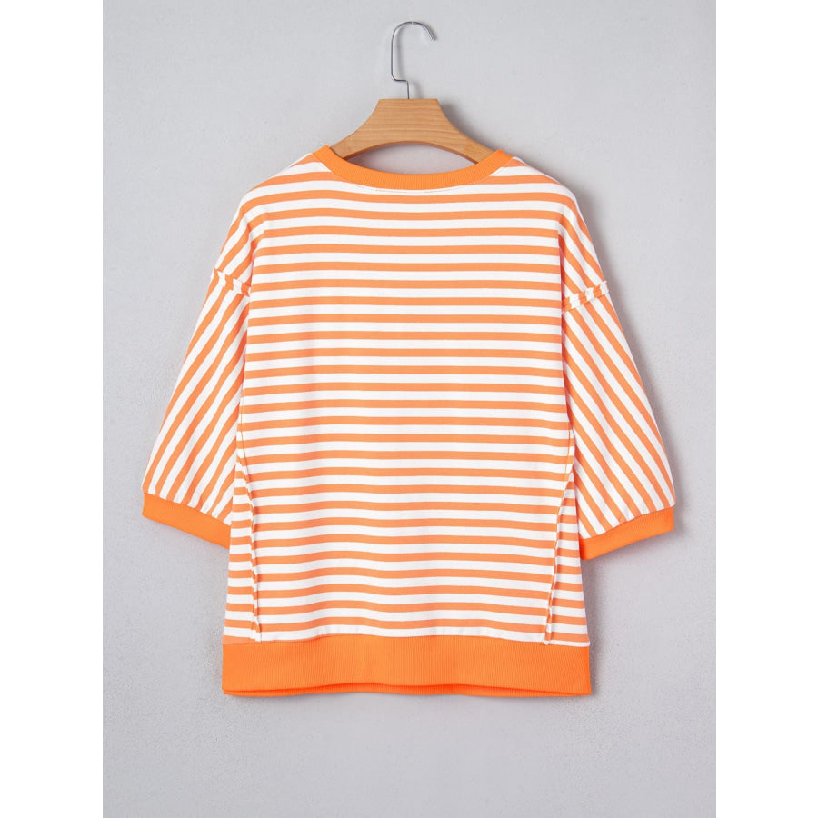 Stripe 3/4 Sleeve Exposed Seam Patchwork Pullover Top Apparel and Accessories