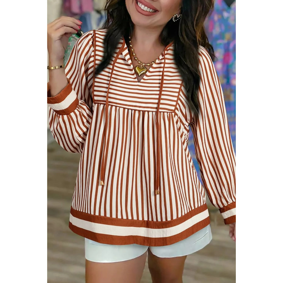 Stripe Babydoll Long Sleeve Blouse Stripe / S Apparel and Accessories