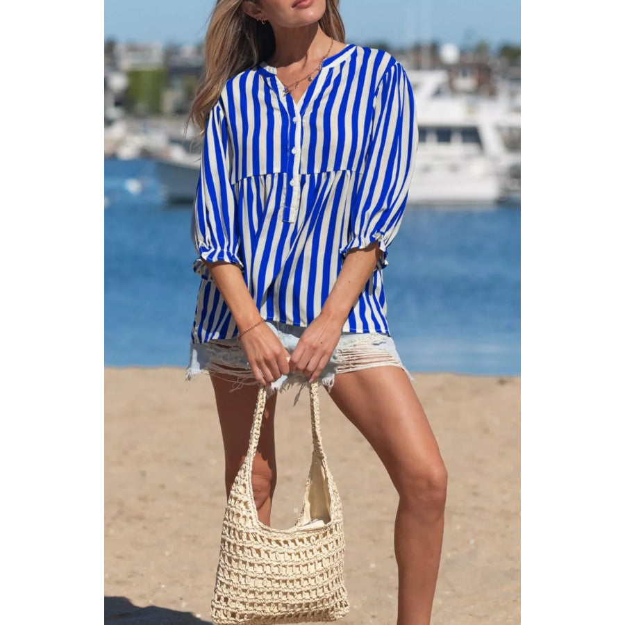Stripe Balloon Sleeve Loose Button Up Shirt Apparel and Accessories