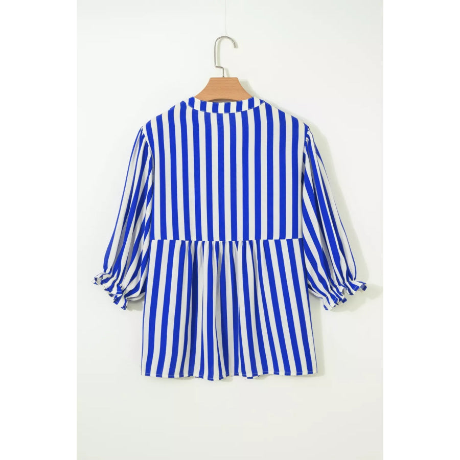 Stripe Balloon Sleeve Loose Button Up Shirt Apparel and Accessories