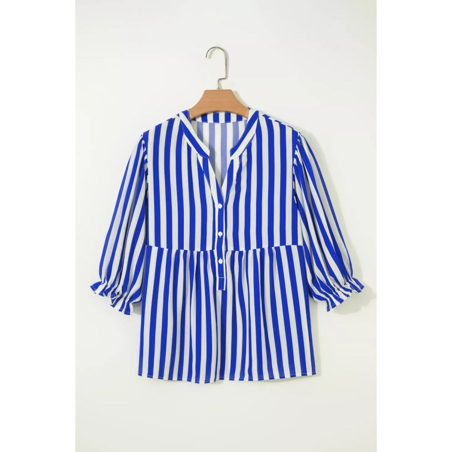 Stripe Balloon Sleeve Loose Button Up Shirt Apparel and Accessories