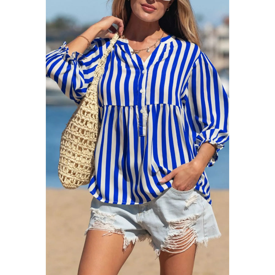 Stripe Balloon Sleeve Loose Button Up Shirt Apparel and Accessories