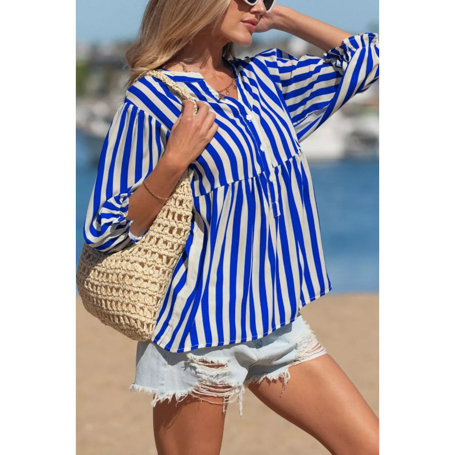 Stripe Balloon Sleeve Loose Button Up Shirt Royal Blue / S Apparel and Accessories