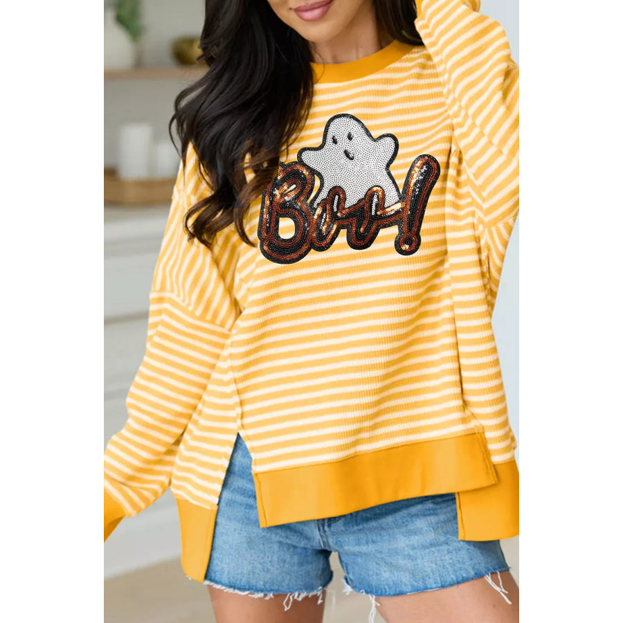 Stripe Boo Sequin Ghost Halloween Split Hem Long Sleeve Top Apparel and Accessories
