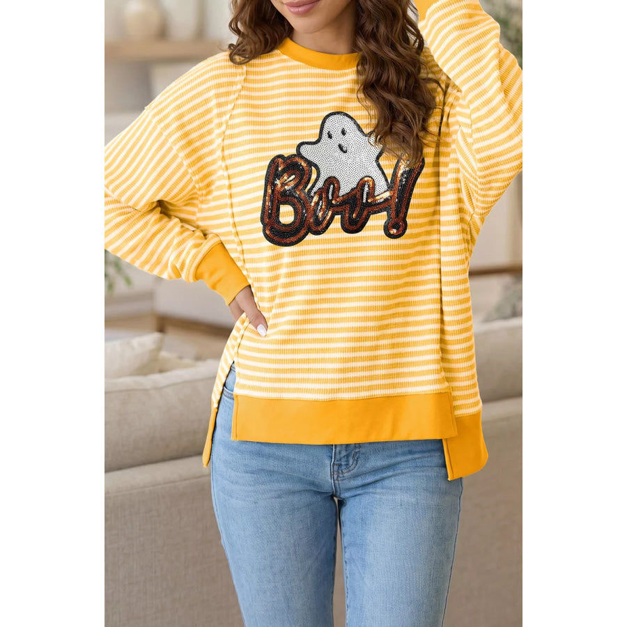 Stripe Boo Sequin Ghost Halloween Split Hem Long Sleeve Top Apparel and Accessories