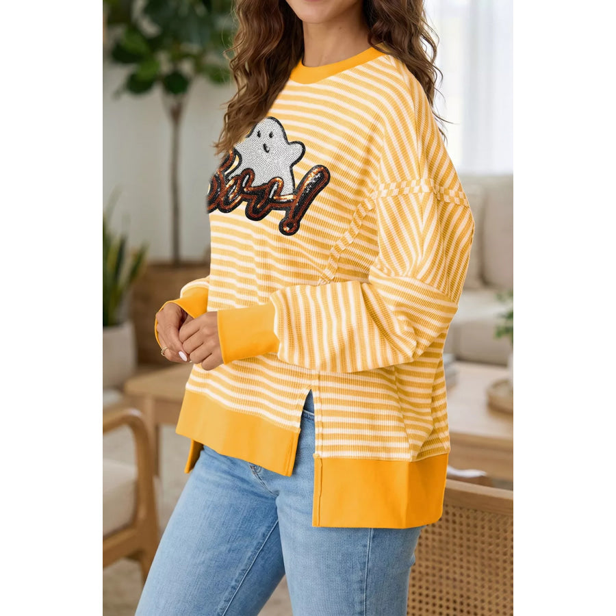 Stripe Boo Sequin Ghost Halloween Split Hem Long Sleeve Top Apparel and Accessories