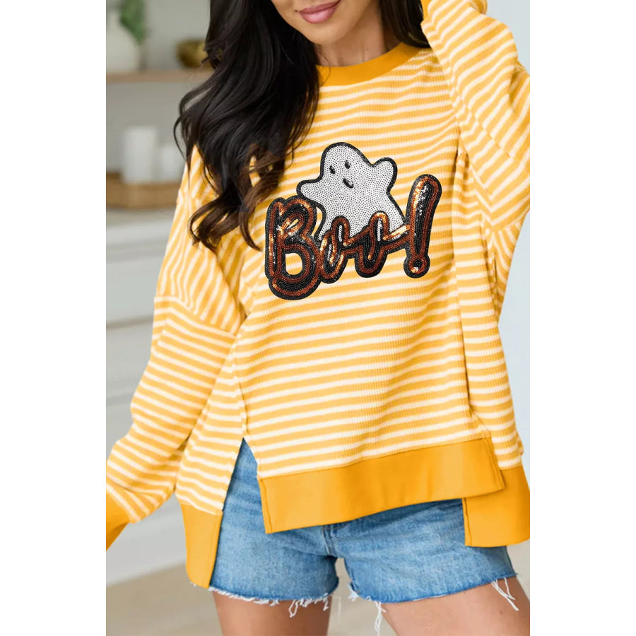 Stripe Boo Sequin Ghost Halloween Split Hem Long Sleeve Top Gold / S Apparel and Accessories
