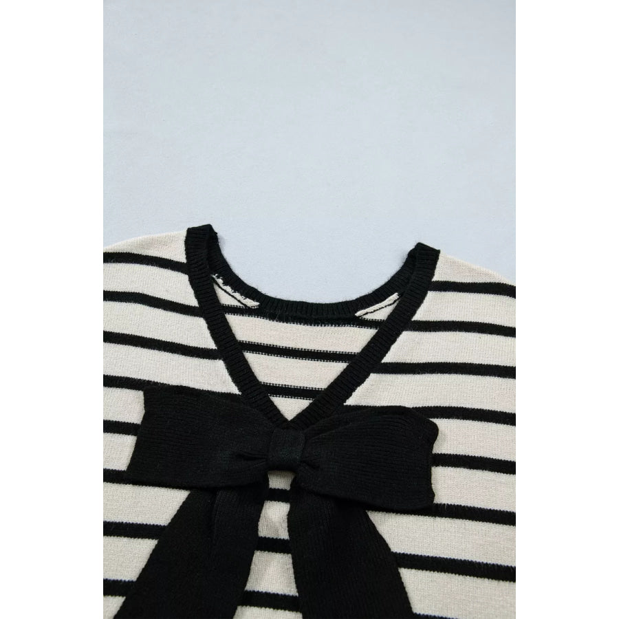 Stripe Bow Applique Short Sleeve Sweater Apparel and Accessories