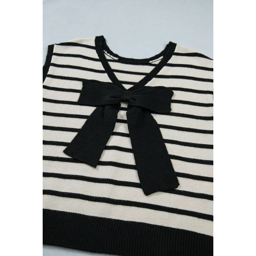 Stripe Bow Applique Short Sleeve Sweater Apparel and Accessories