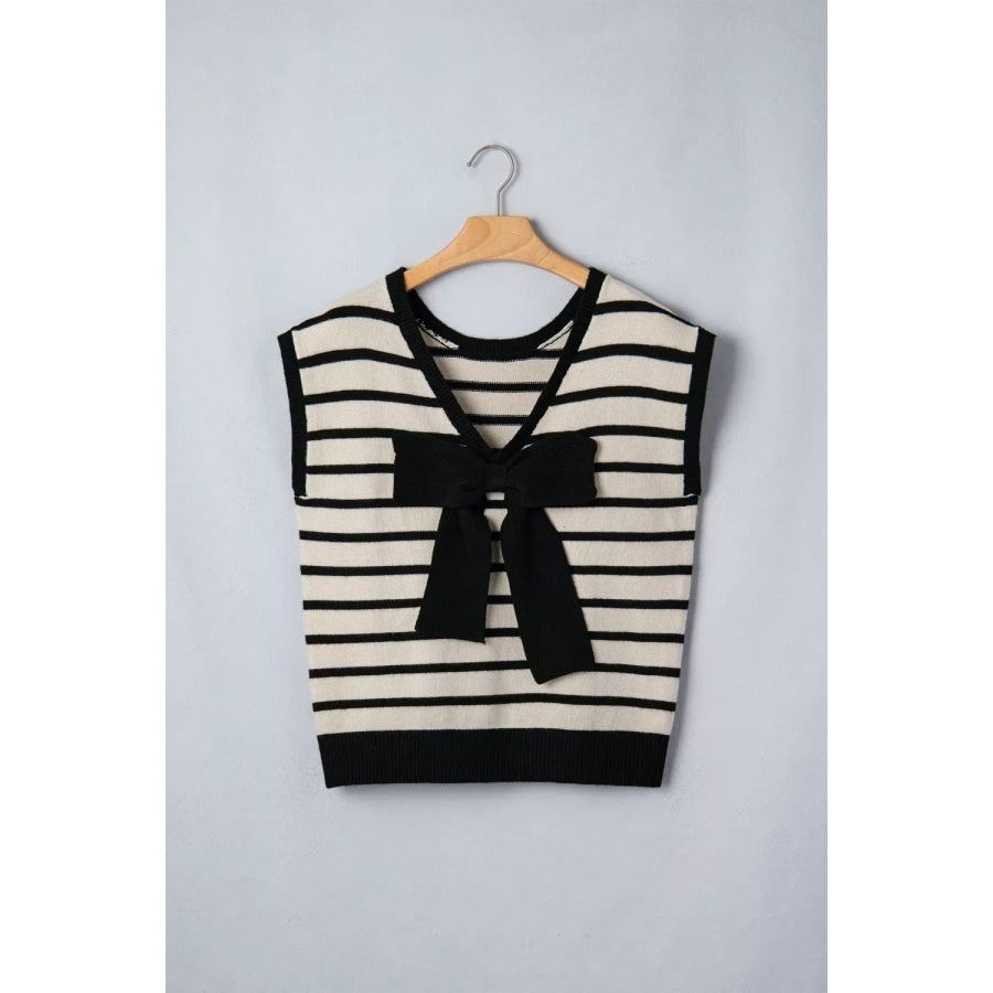 Stripe Bow Applique Short Sleeve Sweater Apparel and Accessories
