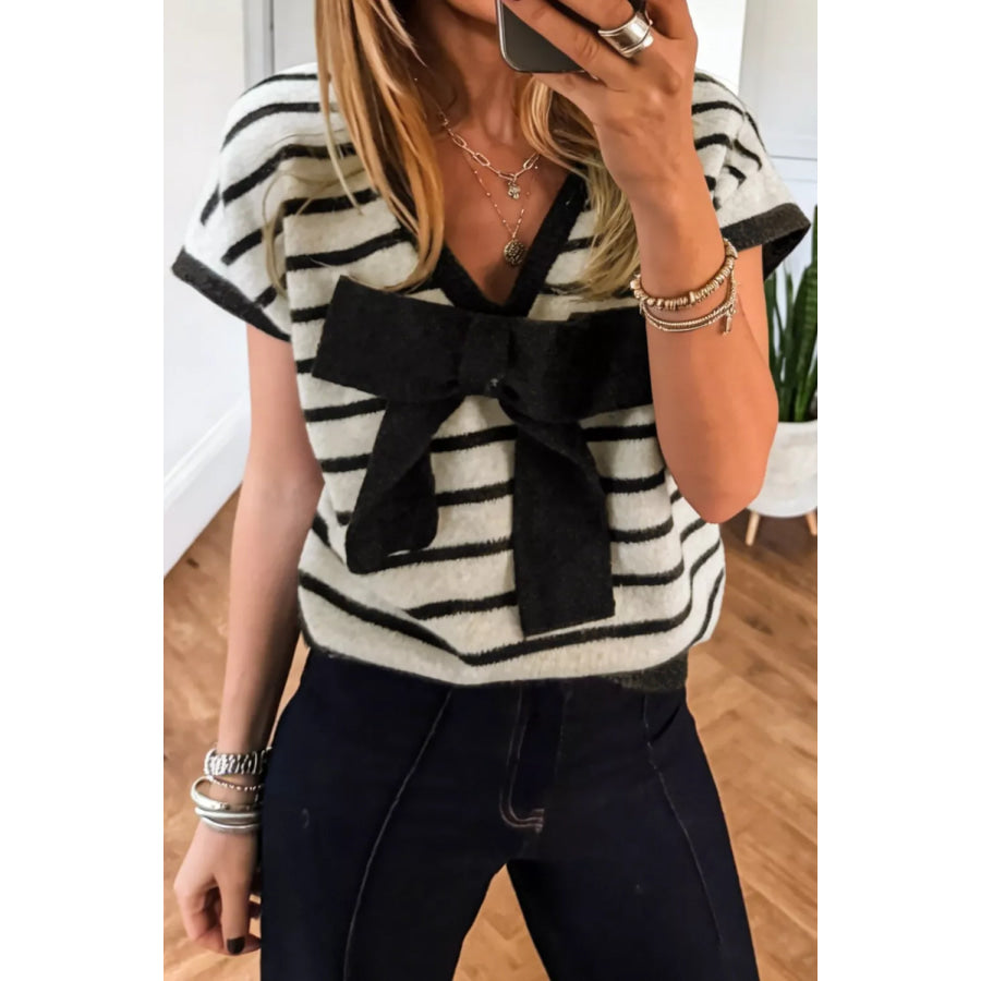 Stripe Bow Applique Short Sleeve Sweater Apparel and Accessories