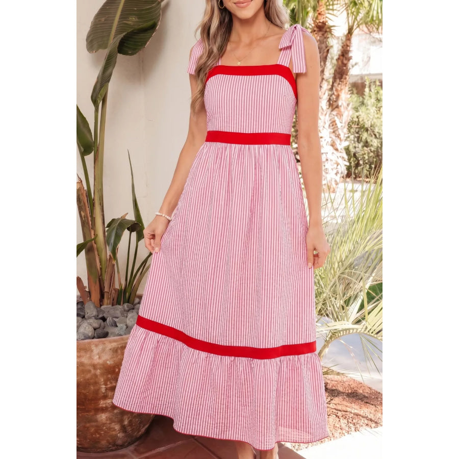 Stripe Bow Knot Straps Contrast Trim High Waist Ruffle Hem Maxi Dress Apparel and Accessories