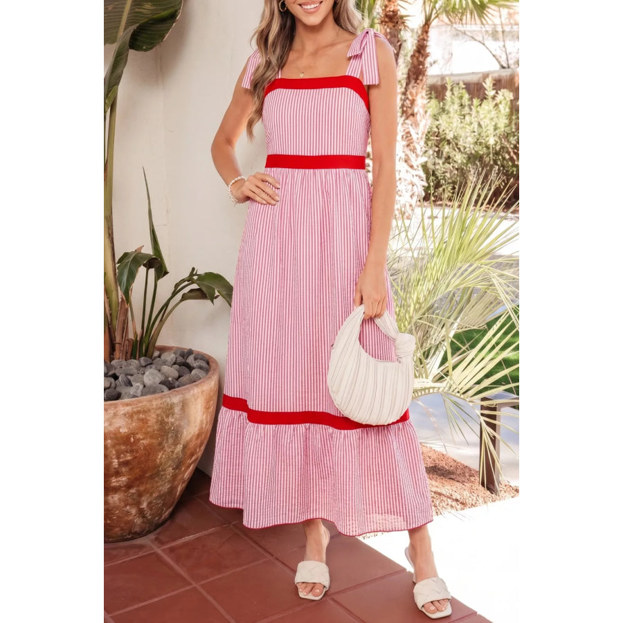 Stripe Bow Knot Straps Contrast Trim High Waist Ruffle Hem Maxi Dress Apparel and Accessories