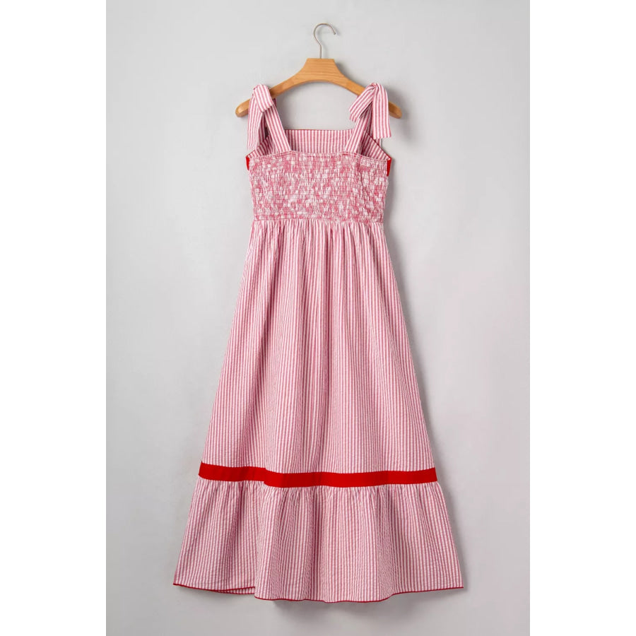 Stripe Bow Knot Straps Contrast Trim High Waist Ruffle Hem Maxi Dress Apparel and Accessories